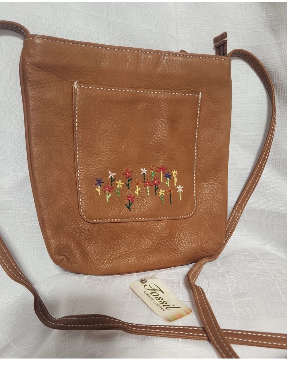 Fossil Brown Leather Crossbody with Colorful Floral Embroidery - Picture 2 of 9